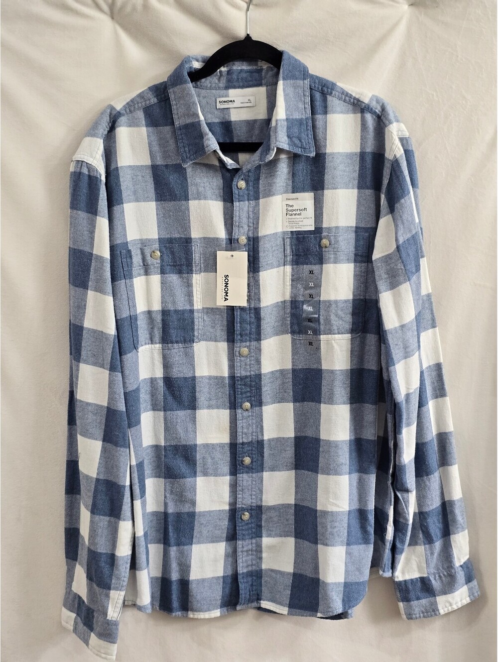 Sonoma Supersoft Flannel Shirt XL Blue and White Plaid Long Sleeve NWT